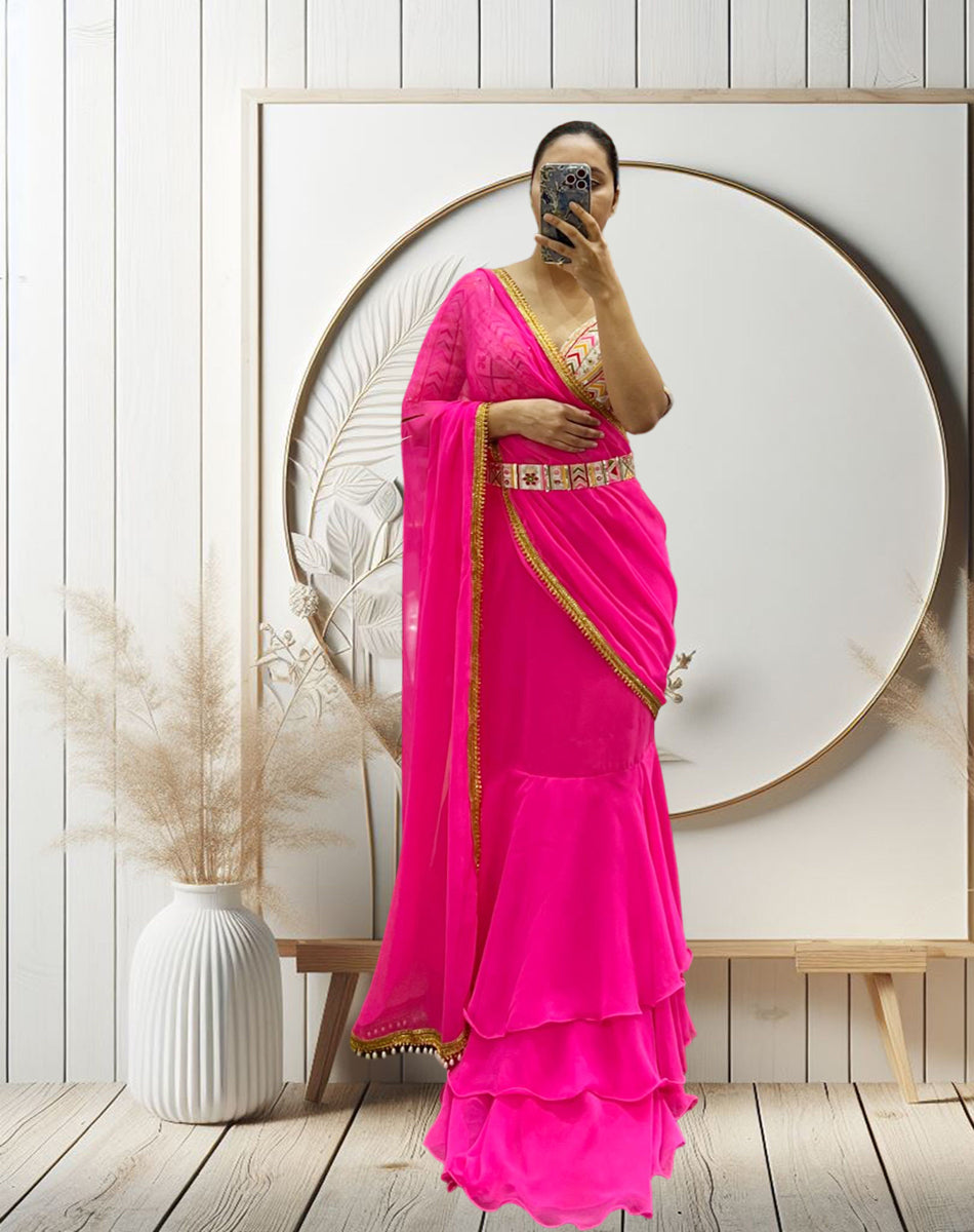 Lehenga Style Saree White Pink